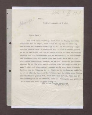 Schreiben von Hans Delbrück und Kurt Hahn; Aussage von Johann Viktor Bredt über die Abdankung des Kaisers