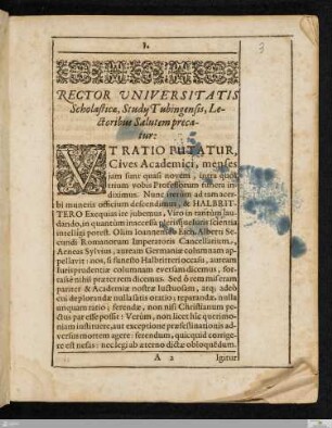 Rector Universitatis Scholastice, Study Tubingensis Lectoribus Salutem precatur