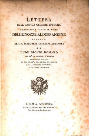 Lettera sull'antica celebre pittura conosciuta sotto il nome delle nozze Aldobrandine