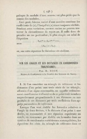 Sur les angles et les distances en coordonnées trilinéaires.