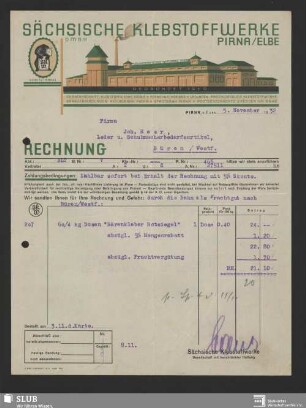 Sächsische Klebstoffwerke GmbH, Pirna : Rechnung