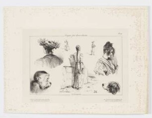 Skizzenblatt mit Frauenstudien, Affen und Hund, Blatt 20 der Folge "Croquis par divers artistes"