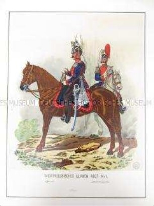 Uniformdarstellung, Offizier und Stabstrompeter des 3. Westpreußischen Ulanen-Regiments No. 1 zu Pferd, Preußen, 1864. Tafel 65 aus: Schindler: Militair-Album.