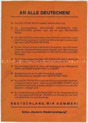 Flugblatt mit rechtsradikalen Parolen zur deutschen Einheit