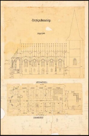 Kirche, Barneberg: Oberer und unterer Grundriss, Längsschnitt 1:100