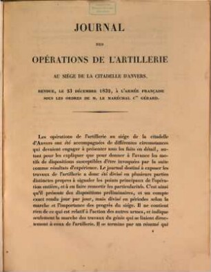 Journal des Opérations à l'artillerie au siège de la citadelle d'Anvers