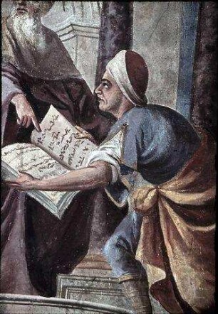 König Josia mit dem Hohepriester Hilkia und dem Staatsschreiber Schaphan vor dem gefundenen Gesetzbuch aus dem Tempel des Herrn