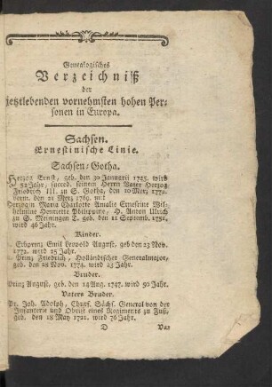 Genealogisches Verzeichniß der jetztlebenden vornehmsten hohen Personen in Europa.