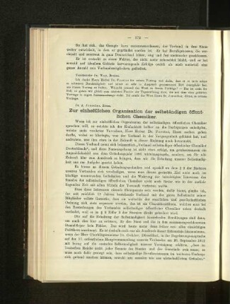 Zur einheitlichen Organisation der selbstständigen öffentlichen Chemiker.