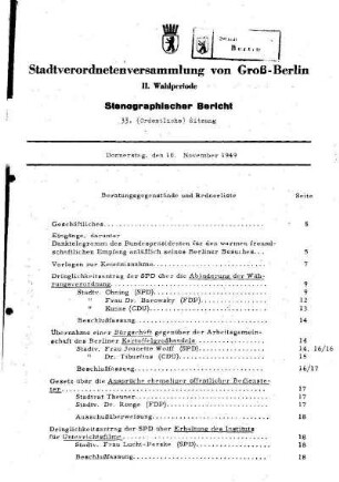 Nr. 33, 10. November 1949, Ordentliche Sitzung