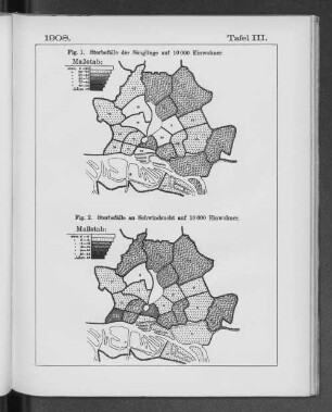 Tafel III. 1908. Fig. 2. Sterbefälle an Schwindsucht auf 10 000 Einwohner.