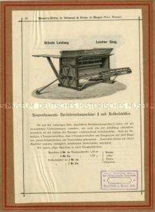 Neuverbesserte Breitdreschmaschine J mit Rollschüttler.