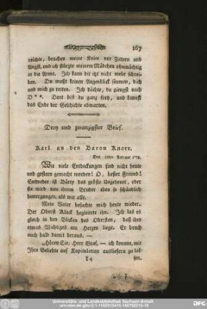 Drey und zwanzigster Brief. Karl an den Baron Knorr.