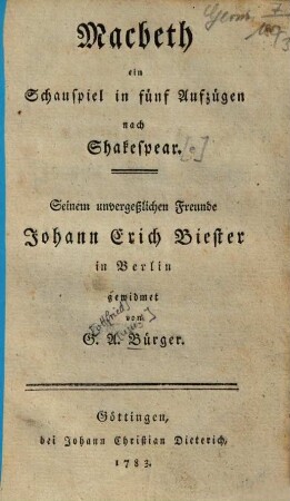 Macbeth : e. Schauspiel in 5 Aufzügen nach Shakespear
