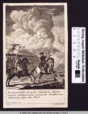 Friedrich II. führt die in der Schlacht bei Molwitz zweimal zurückgeworfene preussische Cavallerie zum drittenmale gegen den Feind.