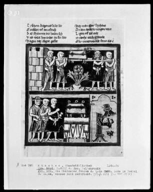 Rudolf von Ems, Weltchronik — Buchseite mit zwei Miniaturen, Folio 141recto