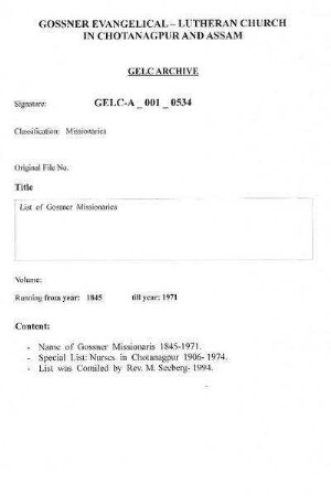 List of Gossner Missionaries