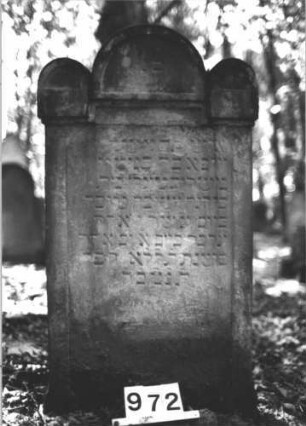 Grabstein 972 (Index: 99899511) Material: Sandstein Zustand: stark verwittert Maße HxBxT: 120x62x14 cm Beschreibung: Stele mit eingezogenem Rundbogenabschluss, Einzüge halbkreisförmig erhöht: Grabstein 972