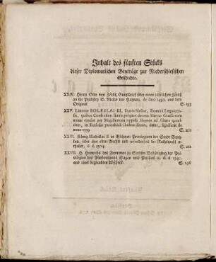 Inhalt des fünften Stücks dieser Diplomatischen Beyträge zur Niederschlesischen Geschichte.