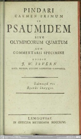 Pindari Carmen primum In Psaumidem Sive Olympicorum Quartum : Cum Commentarii Specimine