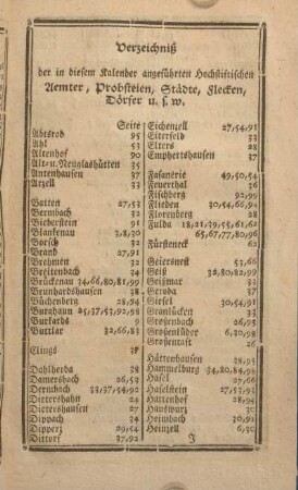 Verzeichniß der in diesem Kalender angeführten Hochstiftischen Aemter, Probsteien, Städte, Flecken, Dörfer u. s. w.