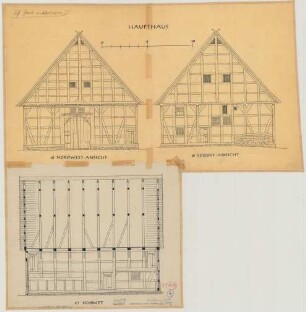 Herstelle (Kreis Höxter): Hof Nr. 65. Haupthaus (Nordwestansicht, Südostansicht, Längsschnitt)