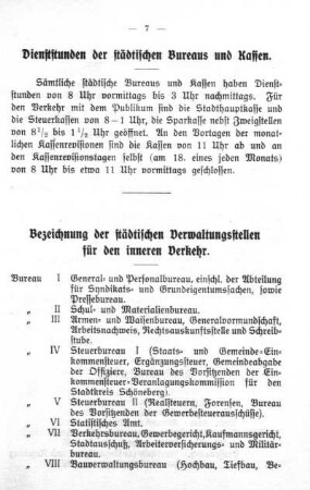 Dienststunden der städtischen Bureaus und Kassen