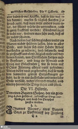 Die VI. Historie. Von eines Bauern Sohne, der ein gottselig Leben geführet, zukünfftige Dinge verkündet, und doch kein Prophet heissen wollen