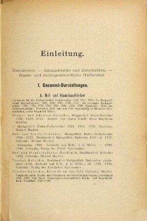 Badische Bibliothek : Systematische Zusammenstellung selbständiger Druckschriften über die Markgrafschaften, das Kurfürstenthum und Großherzogthum Baden, 1. (1897). - XII, 432 S.