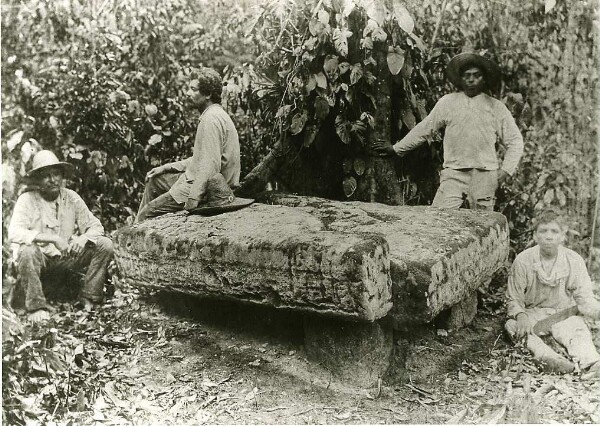 "Sacrificial altar on the right bank of the Usumacinta (with members of the expedition)"