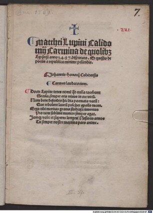 Carmina de quolibet Lipsiensi anno 1497 disputato et quaestio de poetis a republica minime pellendis : gewidmet den Grafen Gebhard und Albrecht von Mansfeld. Mit Gedichten von Johannes Honorius, Johannes Maius und Georgius Dottanius