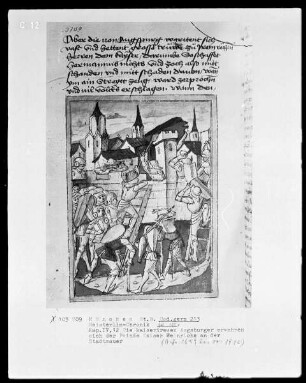 Weltchronik des Jansen Enikel — Die kaisertreuen Augsburger erwehren sich der Feinde Kaiser Heinrichs an der Stadtmauer, Folio 180verso