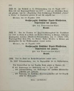 143. Ministerial-Bekanntmachung, betreffend Wechsel in der Direktion der Hagel-Versicherungsbank für Deutschland von 1867 in Berlin