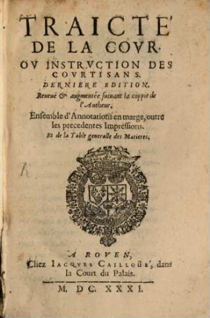 Traicté de la Cour ou instruction