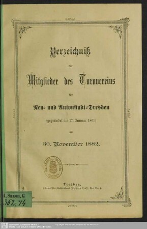 1882: Verzeichnis der Mitglieder des Turnvereins für Neu- und Antonstadt-Dresden : nach dem Stande vom ...