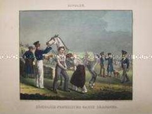 Uniformdarstellung, Dragoner des Garde-Dragoner-Regiments und Hufschmiede im Feldlager, Preußen, 1827.