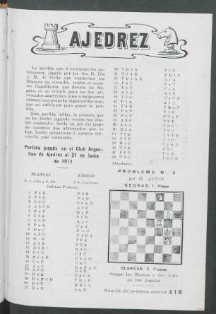 Partida jugada en el Club Argentino de Ajedrez el 21 de Junio de 1911