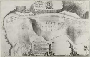 Das Bergwerks-oder Saturnusfest im Plauenschen Grund am 26. September 1719, Lageplan mit den anläßlich des Festes errichteten Bauten : Maschinen u. Erzstufen, 26.9.1719 (Saturnfest), Grundriss Plauenscher Grund
