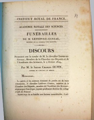 Funérailles ..., 3. ... de M. Lefebvre-Gineau : Discours ... par Charles Dupin le 4. Février 1829