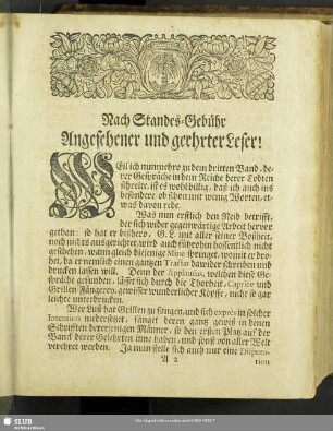 Nach Standes-Gebühr Angesehener und geehrter Leser!