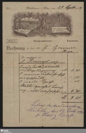 Claes & Flentje, Mühlhäuser Näh- und Strickmaschinen-Fabrik, Mühlhausen i. Thür. : Rechnung