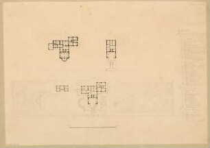 Landhaus Monatskonkurrenz Januar 1838: Lageplan mit Grundriss Erdgeschoss, Keller, Obergeschoss; Maßstabsleiste, Raumplan