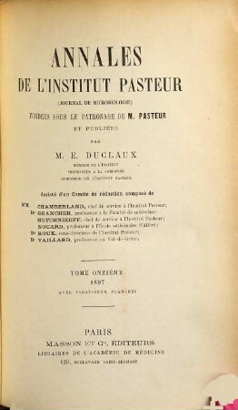 Annales de l'Institut Pasteur. 11. 1897