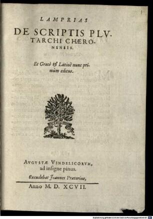 Lamprias De Scriptis Plvtarchi Chaeronensis