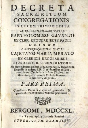 Decreta Sacrae Rituum Congregationis, 1. Continens Decreta, quae ad generales, & particulares Rubricas Missalis pertinent