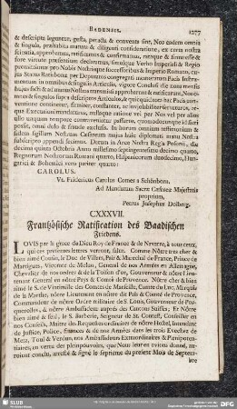 CXXXVII. Frantzösische Ratification des Baadischen Friedens
