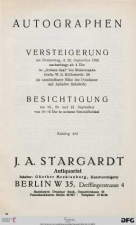 Autographen : Versteigerung am 22. September 1938 (Katalog Nr. 410)