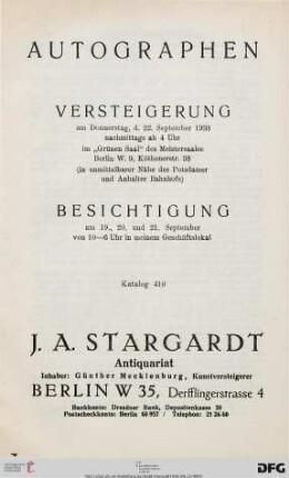 Autographen : Versteigerung am 22. September 1938 (Katalog Nr. 410)