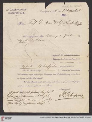 Brief von Carl Schleussner von Dr. C. Schleussner AG (Frankfurt, Main) an Max Wolf