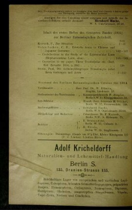 Inhalt des ersten Heftes des vierzigsten Bandes (1895) der Berliner Entomologischen Zeitschrift.